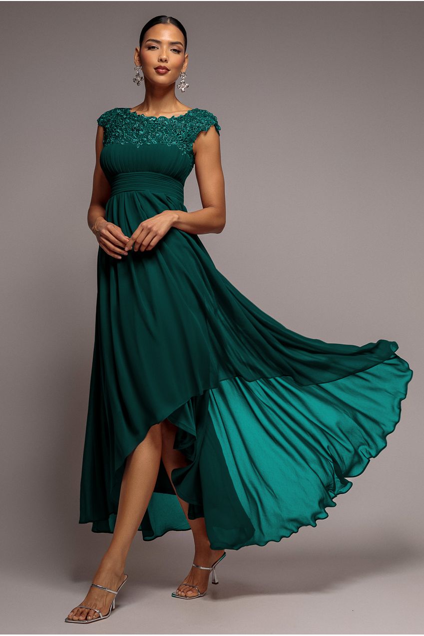 Crochet & Pleated Top High Low Maxi - Emerald DR3820