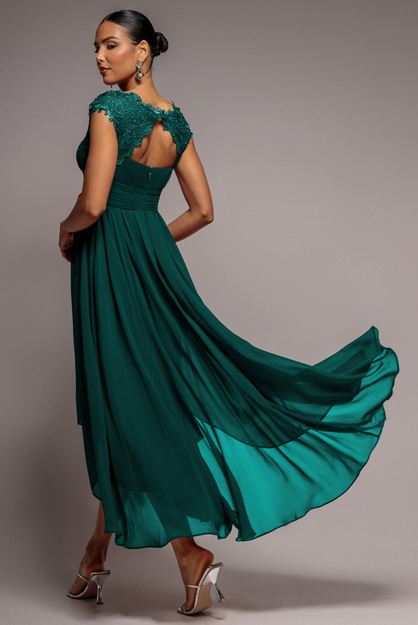 Crochet & Pleated Top High Low Maxi - Emerald DR3820
