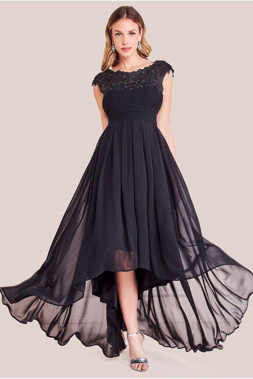 Crochet & Pleated Top High Low Maxi - Black DR3820