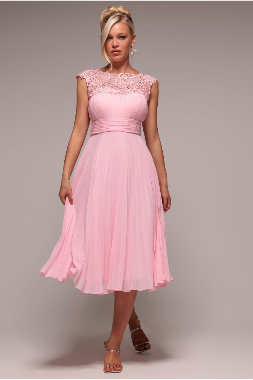 Crochet & Pleated Top Midi Dress - Blush Pink DR3821