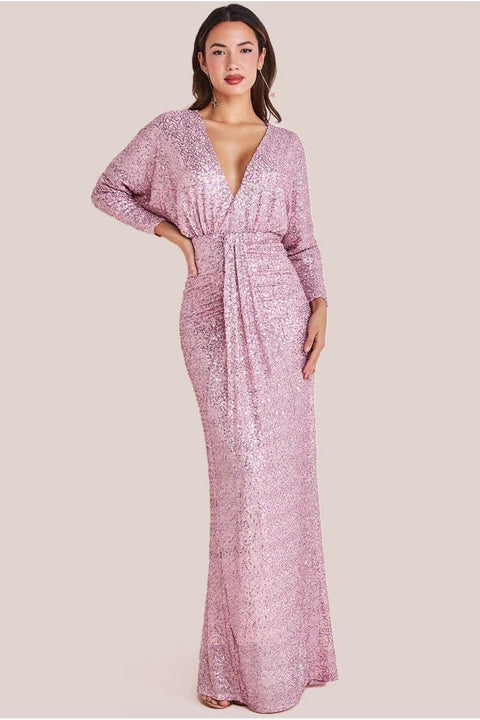 Plunge V-Neck Sequin Maxi - Blush by Goddiva