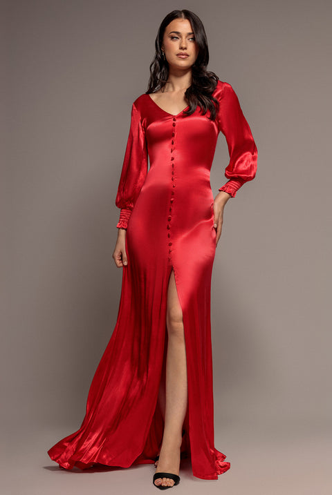 Satin Viscose Front Split Maxi - Red by Goddiva