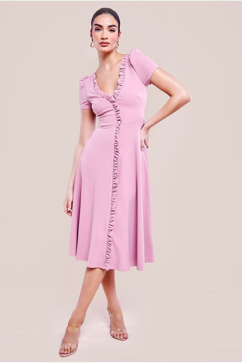 Front Frill Flared Scuba Midi Dress - Rose Pink DR3876