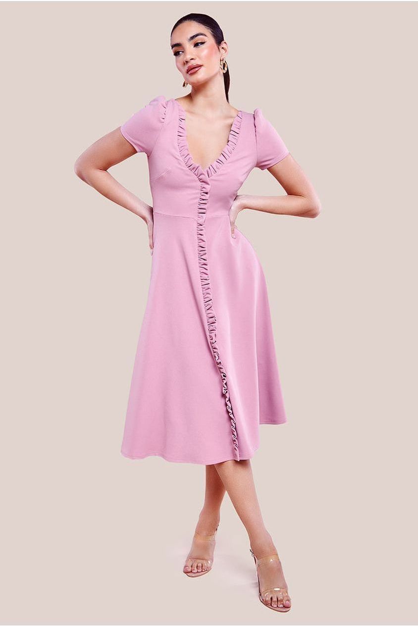 Front Frill Flared Scuba Midi Dress - Rose Pink DR3876
