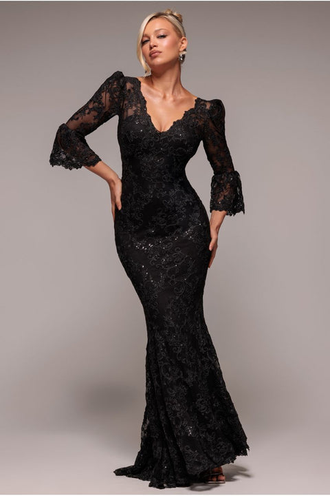 Scalloped Lace Maxi Dress - Black by Goddiva