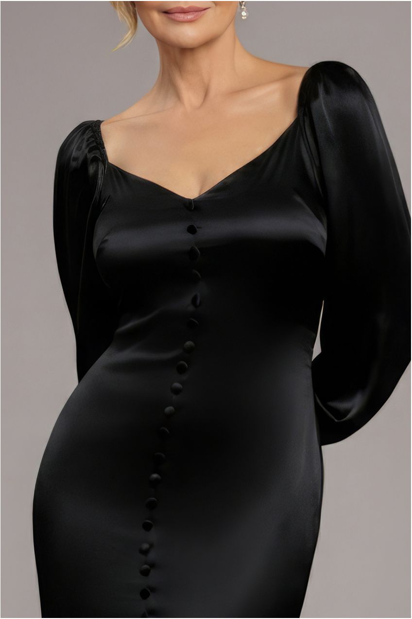 Satin Viscose Front Buttoned Dipped Hem Midaxi Dress - Black DR3899M