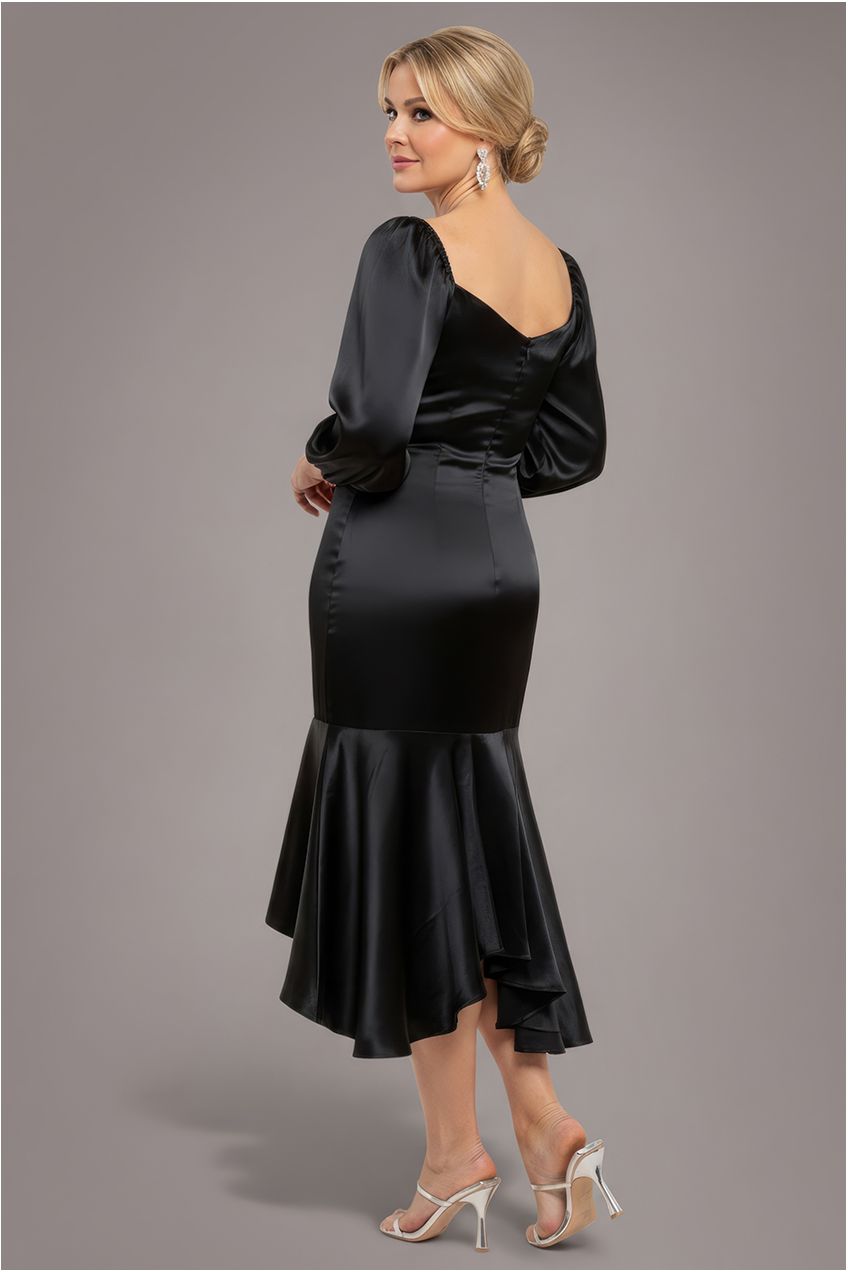 Satin Viscose Front Buttoned Dipped Hem Midaxi Dress - Black DR3899M