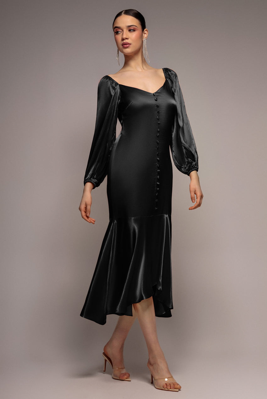 Satin Viscose Front Buttoned Dipped Hem Midaxi Dress - Black DR3899