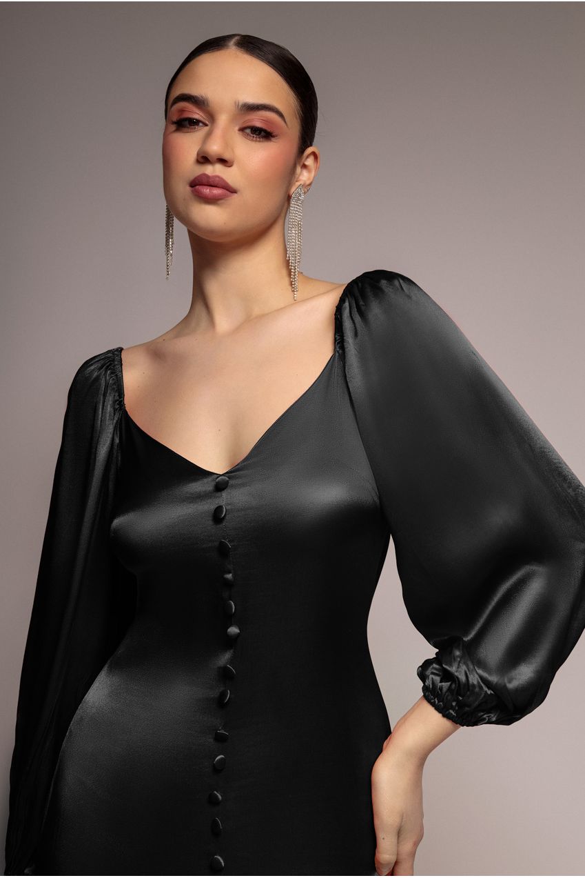Satin Viscose Front Buttoned Dipped Hem Midaxi Dress - Black DR3899