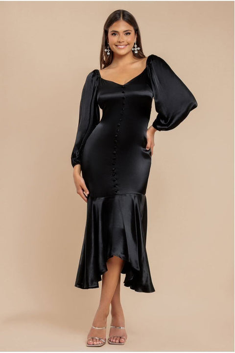 Satin Viscose Front Buttoned Dipped Hem Midaxi Dress - Black by Goddiva