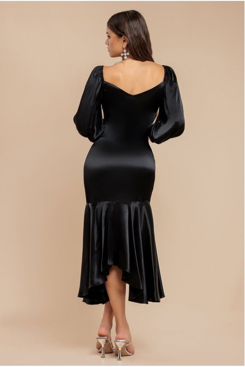 Satin Viscose Front Buttoned Dipped Hem Midaxi Dress - Black DR3899