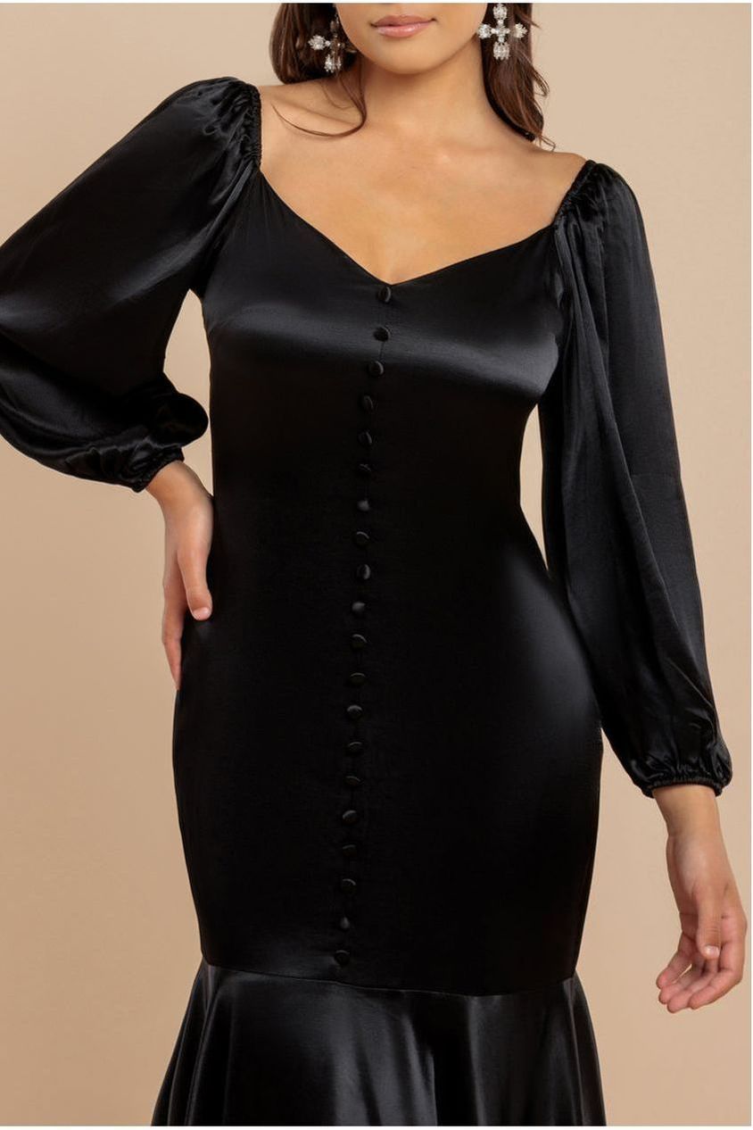 Satin Viscose Front Buttoned Dipped Hem Midaxi Dress - Black DR3899