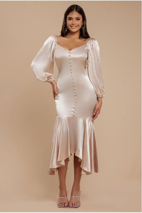 Satin Viscose Front Buttoned Dipped Hem Midaxi Dress - Champagne by Goddiva