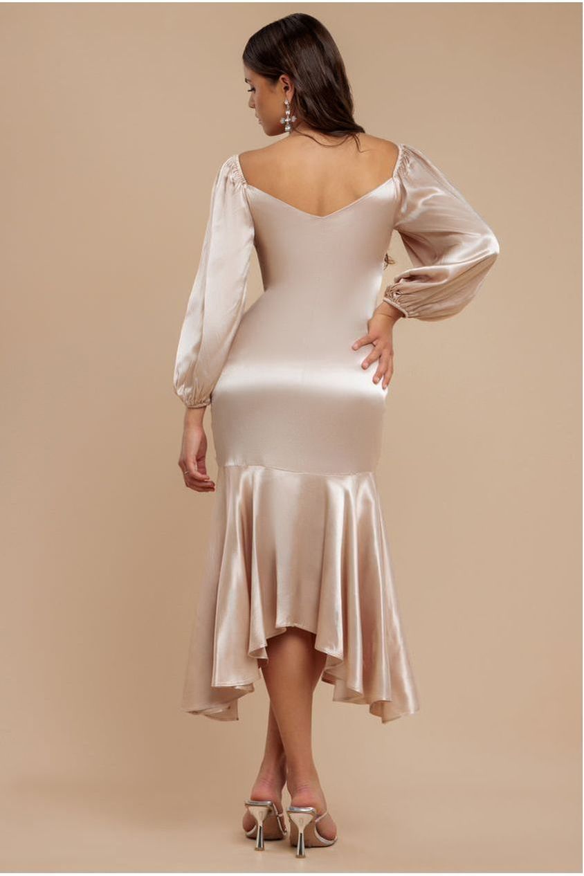 Satin Viscose Front Buttoned Dipped Hem Midaxi Dress - Champagne DR3899