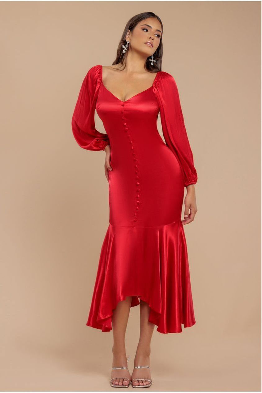Satin Viscose Front Buttoned Dipped Hem Midaxi Dress - Red DR3899