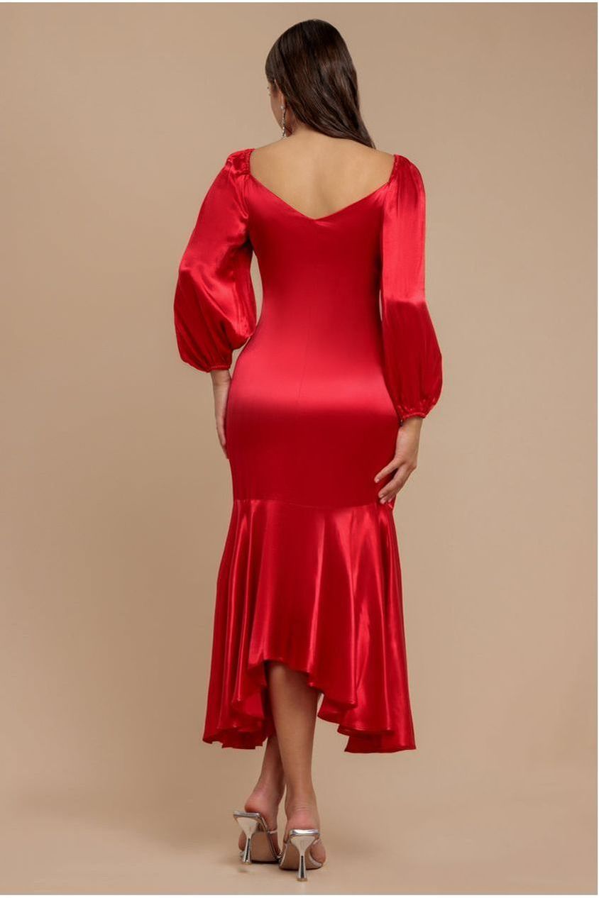 Satin Viscose Front Buttoned Dipped Hem Midaxi Dress - Red DR3899