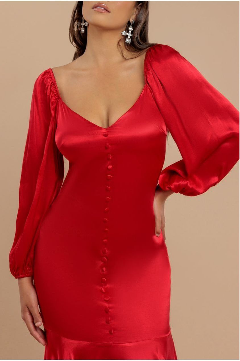 Satin Viscose Front Buttoned Dipped Hem Midaxi Dress - Red DR3899