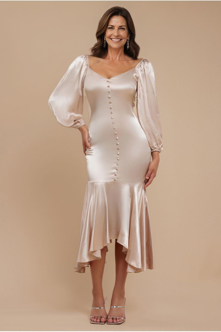 Satin Viscose Front Buttoned Dipped Hem Midaxi Dress - Champagne DR3899M