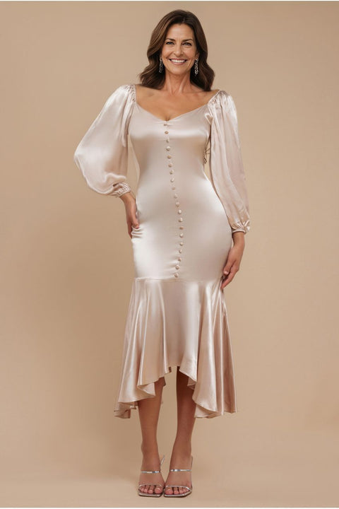 Satin Viscose Front Buttoned Dipped Hem Midaxi Dress - Champagne by Goddiva