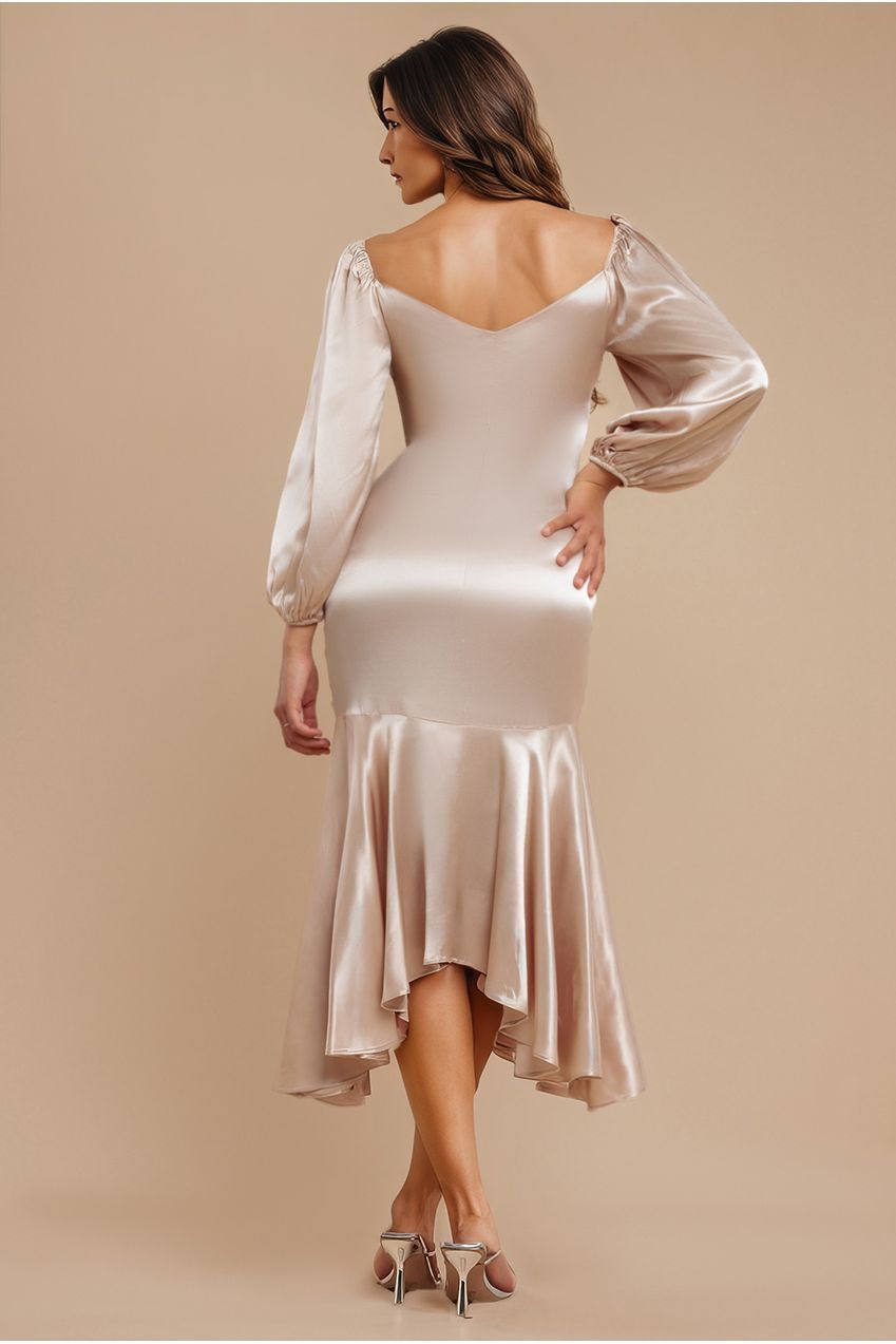 Satin Viscose Front Buttoned Dipped Hem Midaxi Dress - Champagne DR3899M
