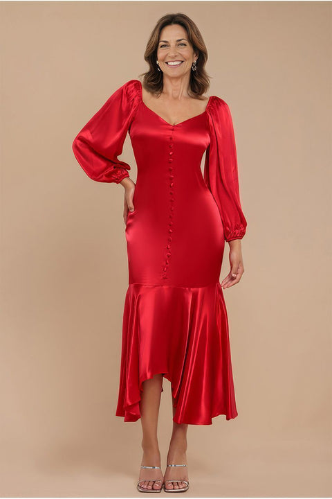 Satin Viscose Front Buttoned Dipped Hem Midaxi Dress - Red by Goddiva