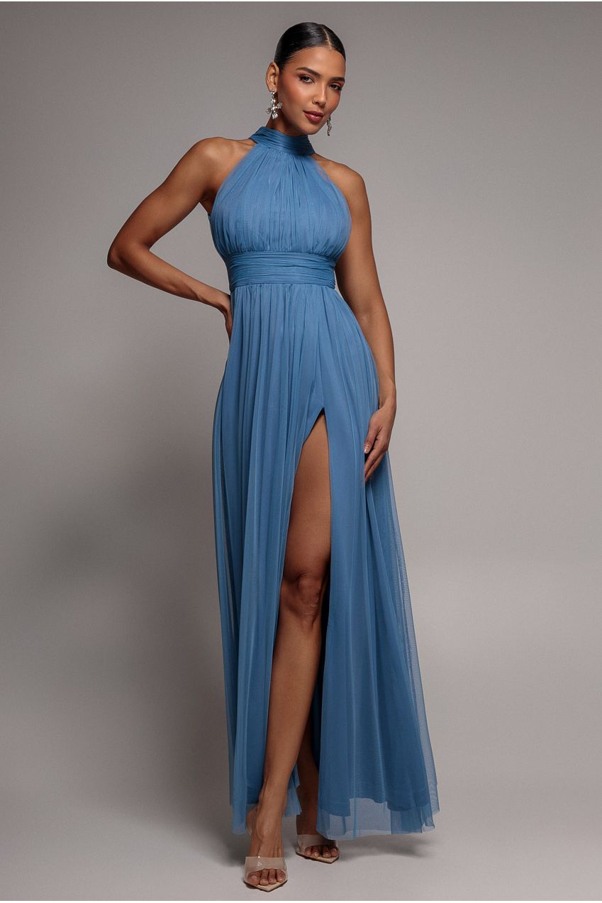 Halter Neck Mesh Tie Maxi Dress - Dusty Blue DR3904