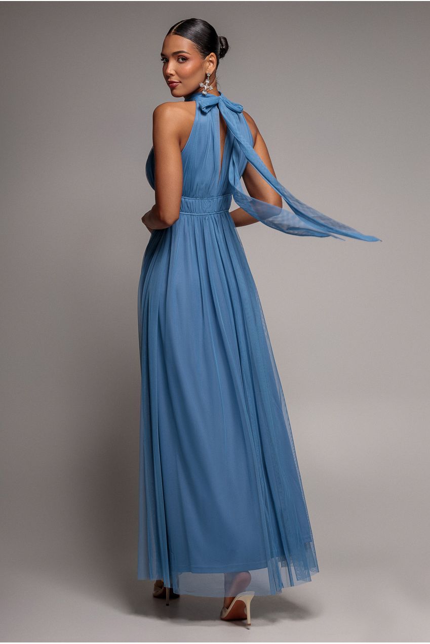 Halter Neck Mesh Tie Maxi Dress - Dusty Blue DR3904