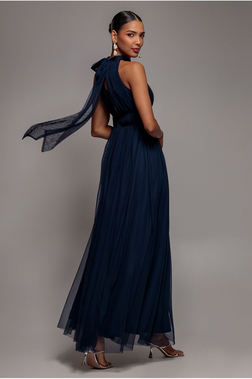 Halter Neck Mesh Tie Maxi Dress - Navy Blue DR3904