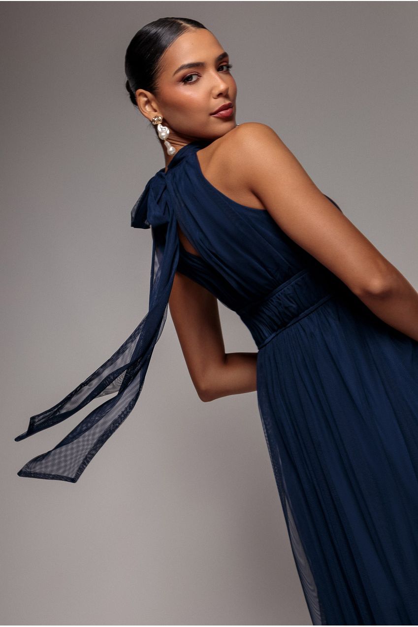 Halter Neck Mesh Tie Maxi Dress - Navy Blue DR3904