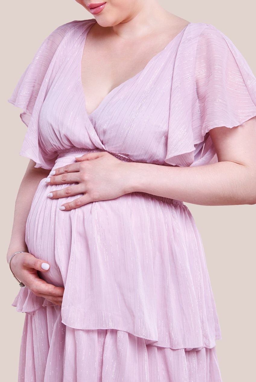 Maternity Plain Lurex Chiffon Tiered Midi Dress - Pink DR3905MAT