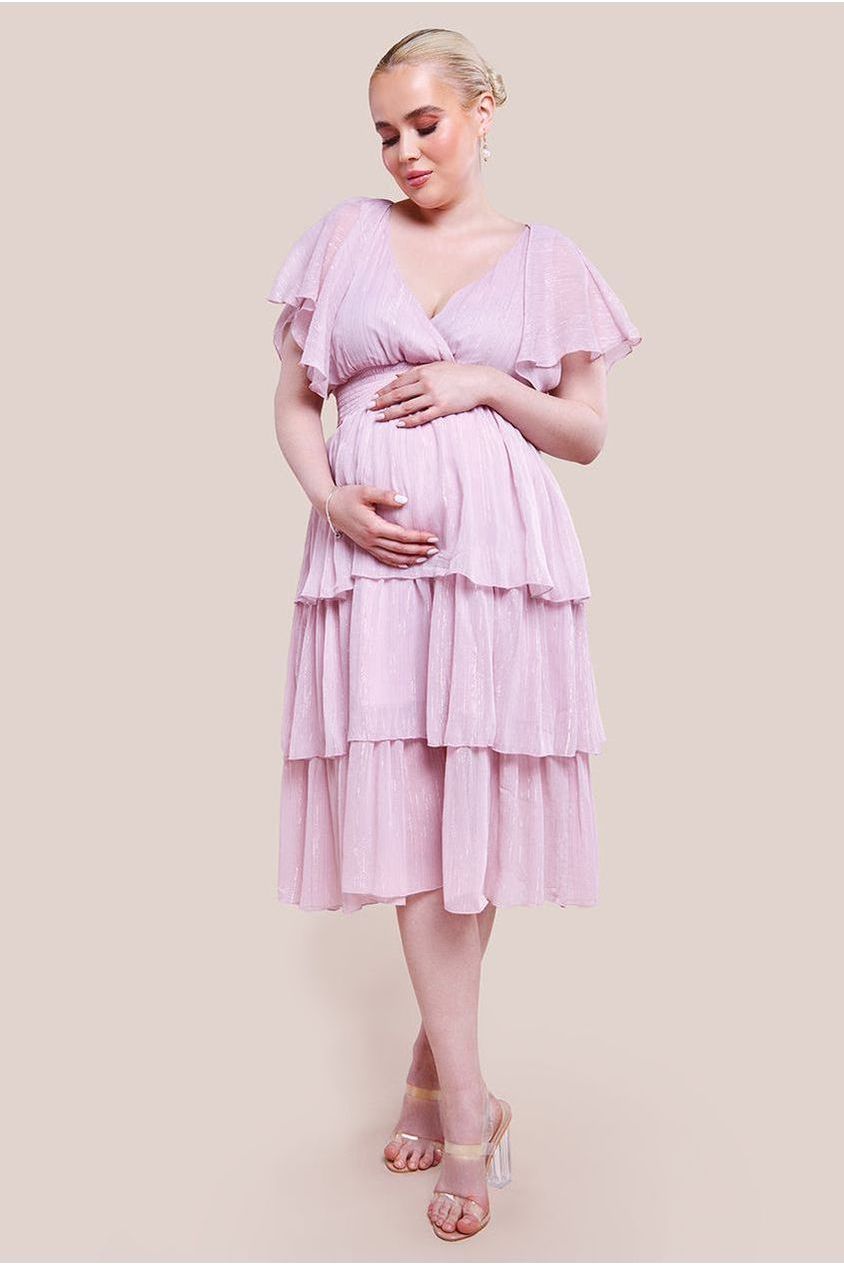 Maternity Plain Lurex Chiffon Tiered Midi Dress - Pink | Goddiva Maternity Plain Lurex Chiffon Tiered Midi Dress - Pink | Goddiva
