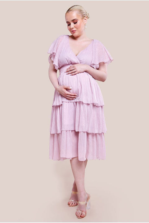 Maternity Plain Lurex Chiffon Tiered Midi Dress - Pink by Goddiva