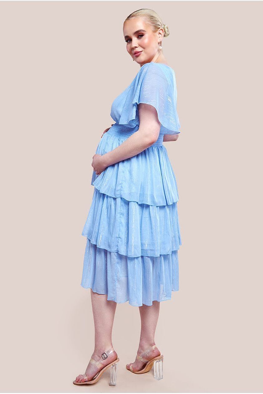 Maternity Plain Lurex Chiffon Tiered Midi Dress - Light Blue DR3905MAT