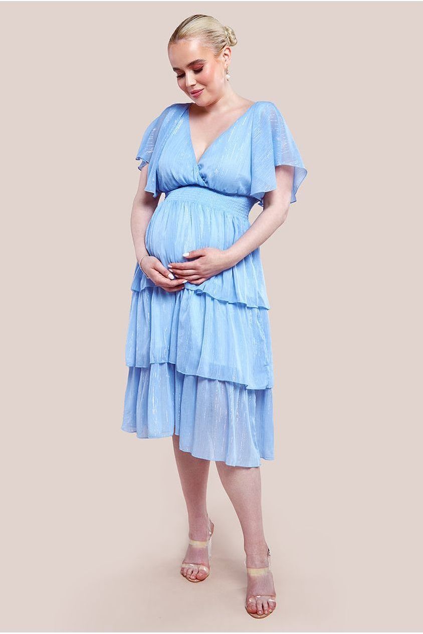 Maternity Plain Lurex Chiffon Tiered Midi Dress - Light Blue DR3905MAT