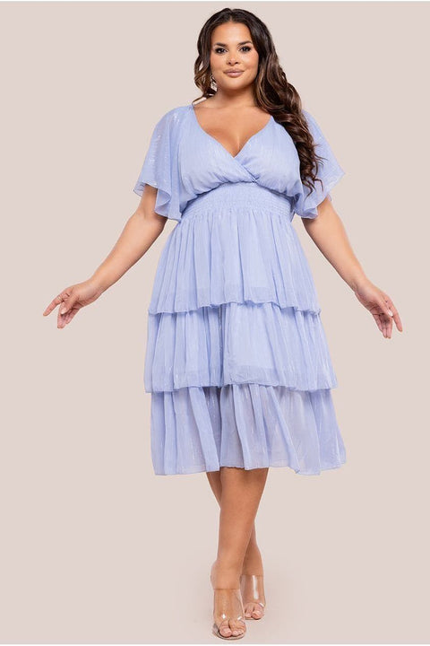 Plain Lurex Chiffon Tiered Midi Dress - Light Blue by Goddiva Plus