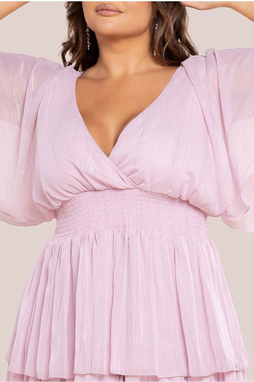 Plain Lurex Chiffon Tiered Midi Dress - Blush Pink DR3905P