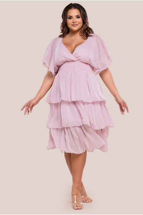 Plain Lurex Chiffon Tiered Midi Dress - Blush Pink by Goddiva Plus