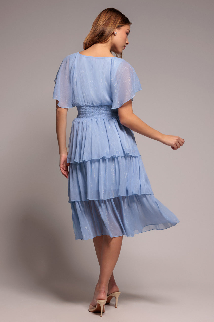 Plain Lurex Chiffon Tiered Dress - Light Blue DR3905QZ