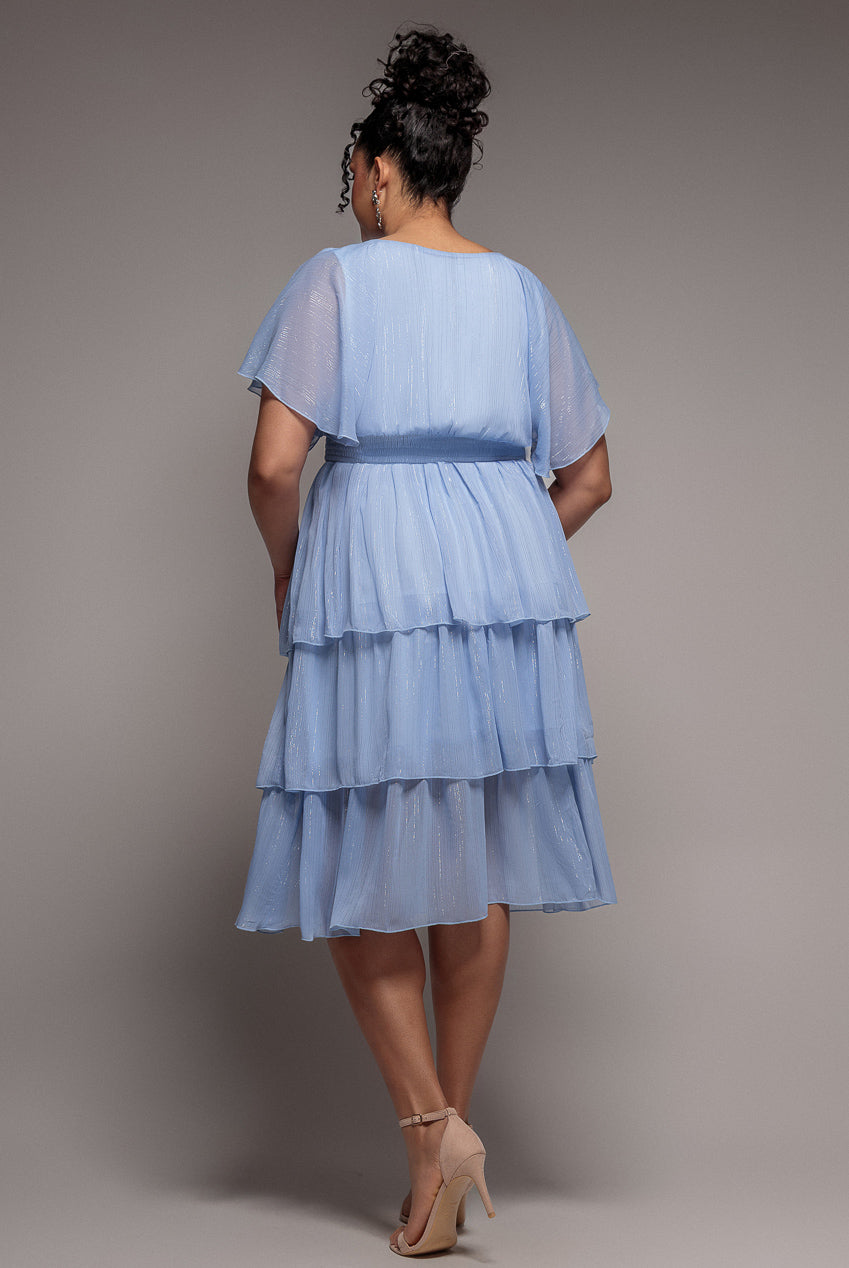 Plain Lurex Chiffon Tiered Midi Dress - Light Blue DR3905P