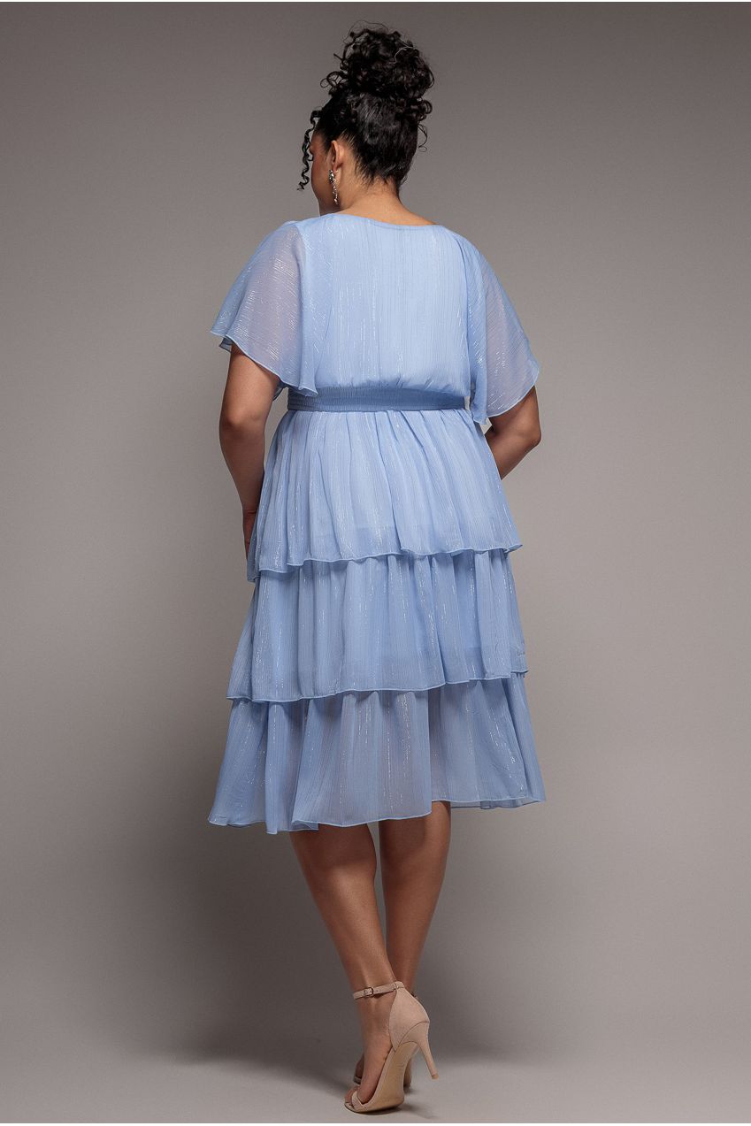 Plain Lurex Chiffon Tiered Midi Dress - Light Blue DR3905P