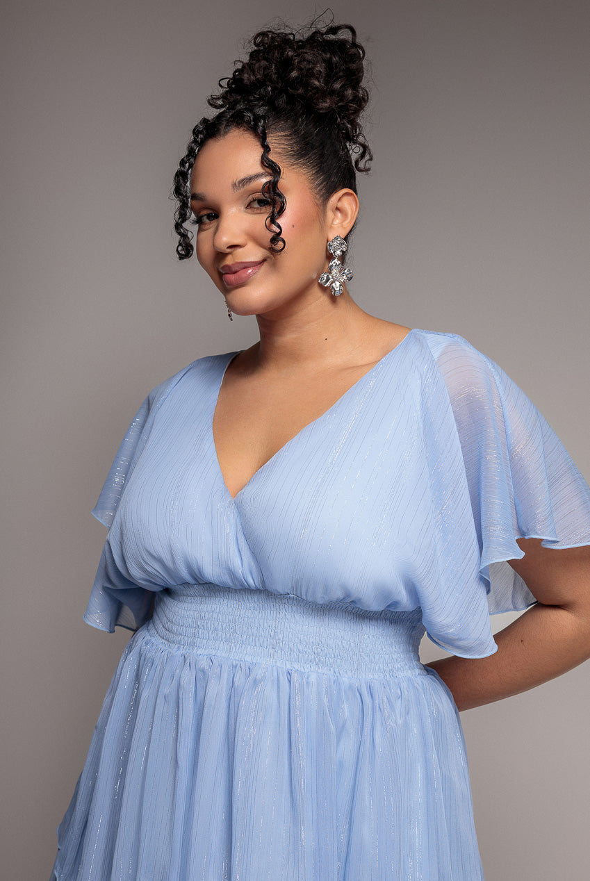 Plain Lurex Chiffon Tiered Midi Dress - Light Blue DR3905P