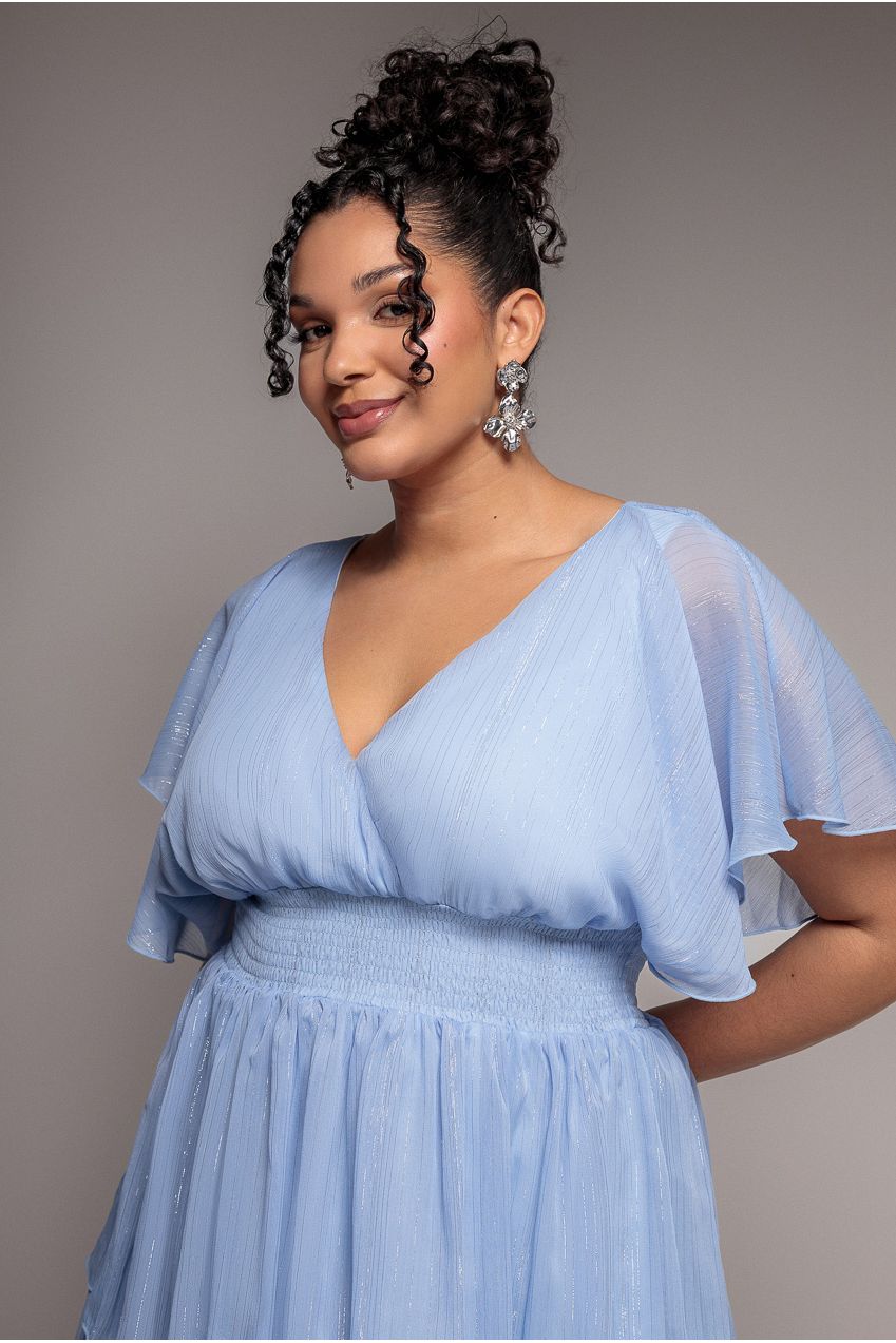 Plain Lurex Chiffon Tiered Midi Dress - Light Blue DR3905P