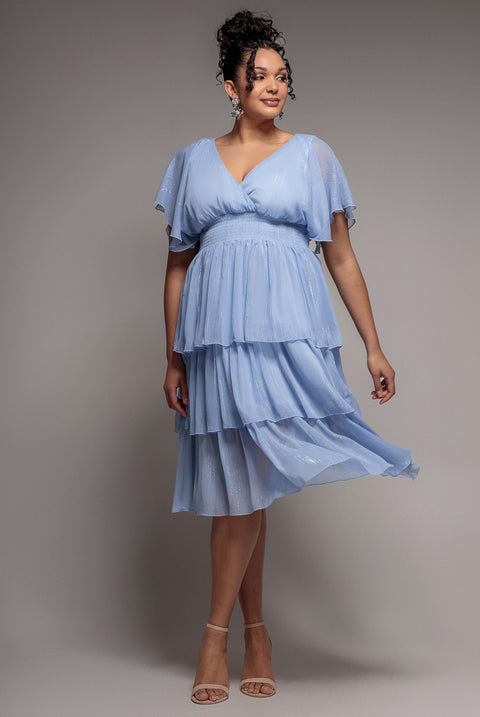 Plain Lurex Chiffon Tiered Midi Dress - Light Blue by Goddiva Plus
