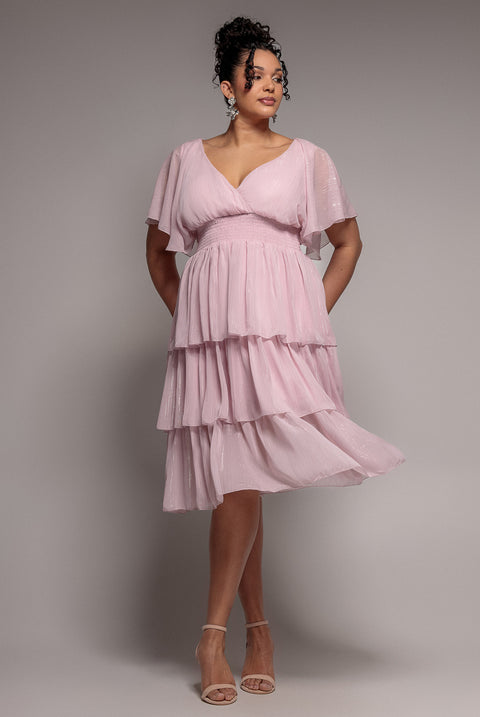 Plain Lurex Chiffon Tiered Midi Dress - Blush Pink by Goddiva Plus
