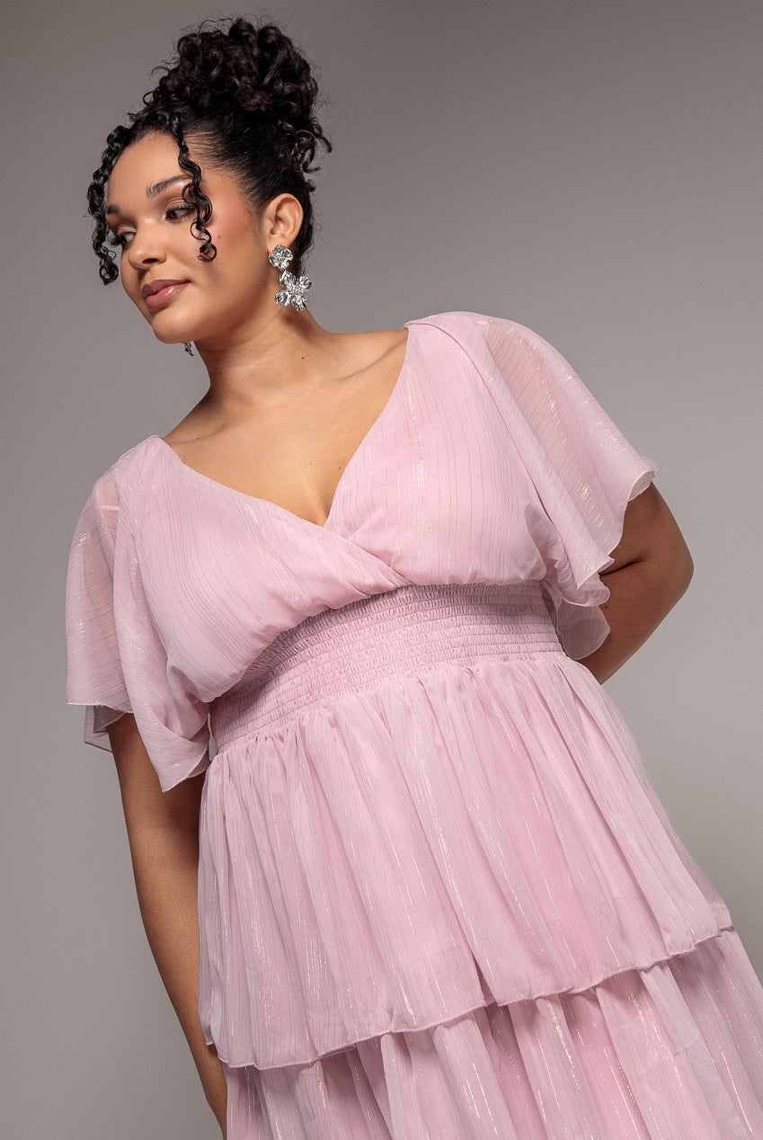 Plain Lurex Chiffon Tiered Midi Dress - Blush Pink DR3905P