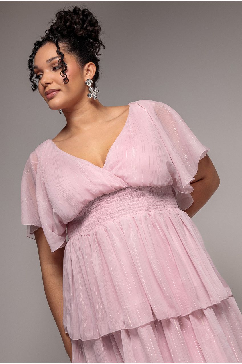 Plain Lurex Chiffon Tiered Midi Dress - Blush Pink DR3905P