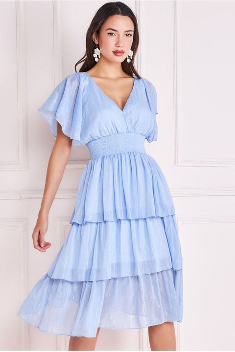 Plain Lurex Chiffon Tiered Dress - Light Blue by Goddiva