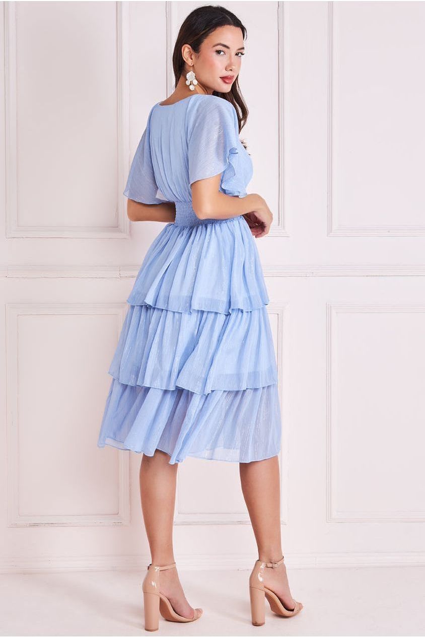 Plain Lurex Chiffon Tiered Dress - Light Blue DR3905QZ