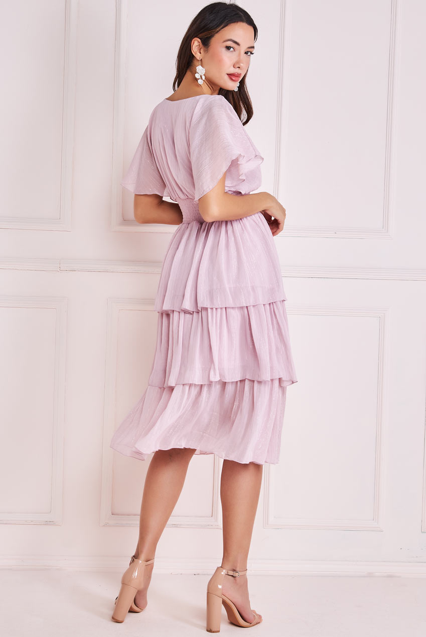 Plain Lurex Chiffon Tiered Dress - Pink DR3905QZ