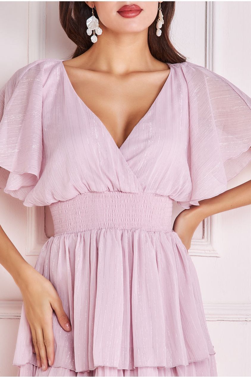 Plain Lurex Chiffon Tiered Dress - Pink DR3905QZ